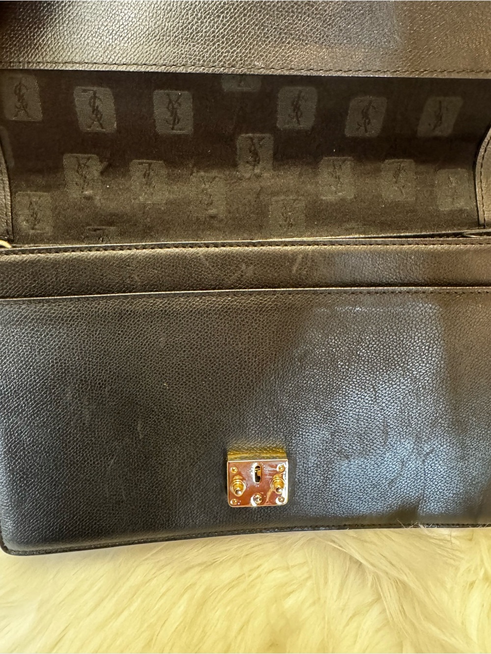 YSL Authentic vtg Black Leather Envelope Clutch Bag Removable Wrist strap - Picture 10 of 14